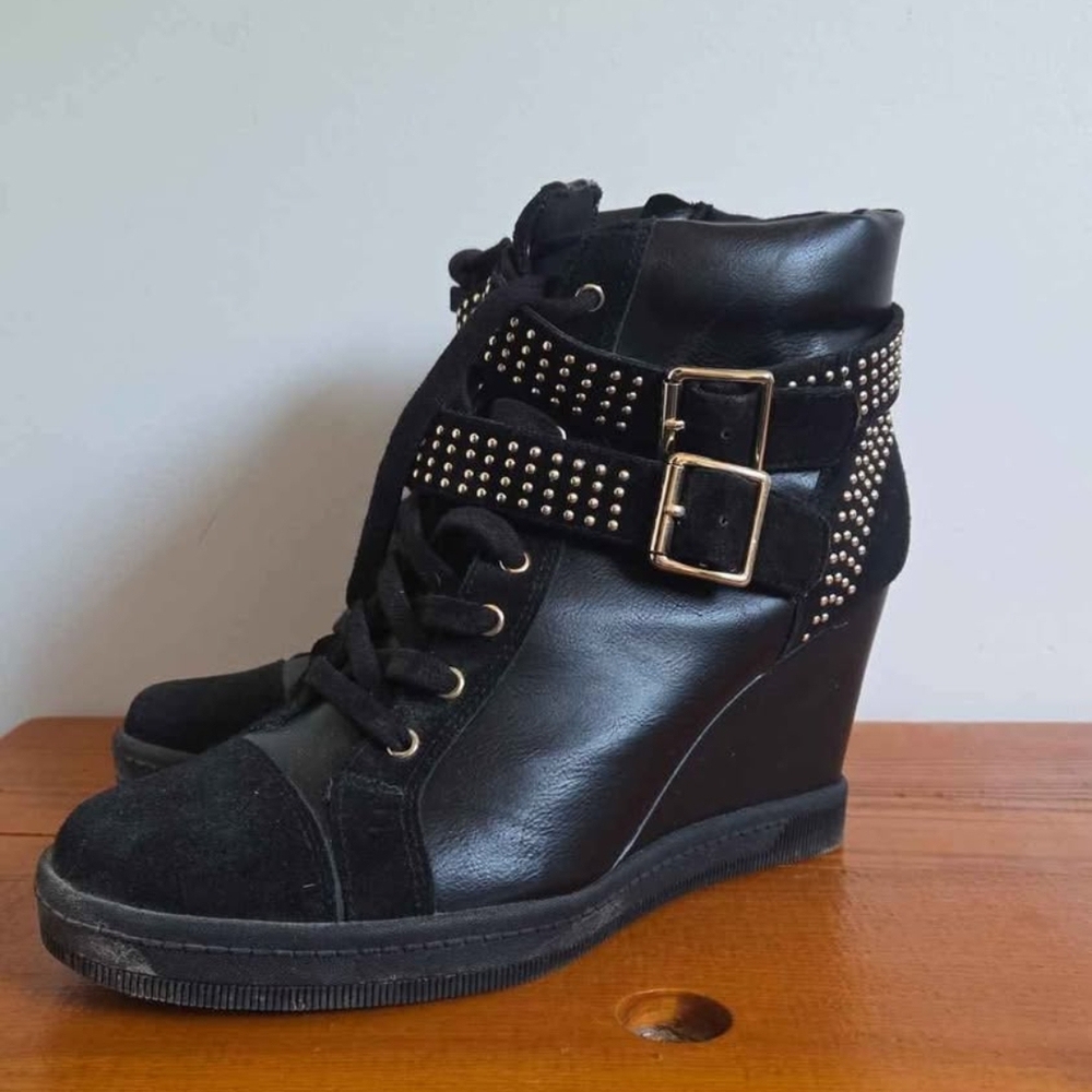 Aldo Black Wedge Boots with Buckle Straps